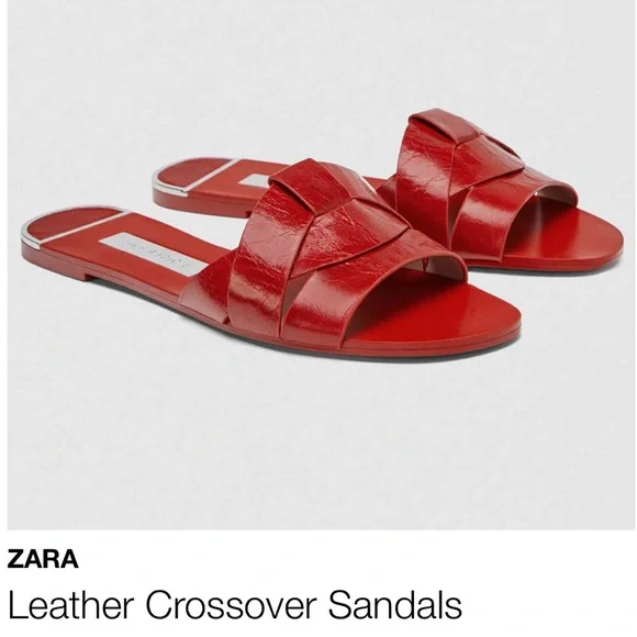 Zara Genuine Leather Red Crossover Slide Sandal Slipper Flat Shoes 37 / 6.5 NWT - Picture 3 of 13